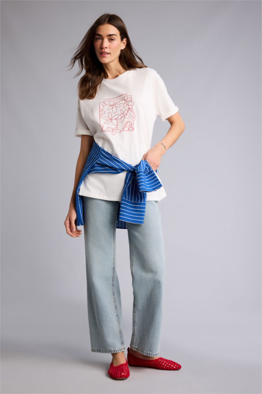 Woman Ecru Oversize Fit Short Sleeve T-Shirt