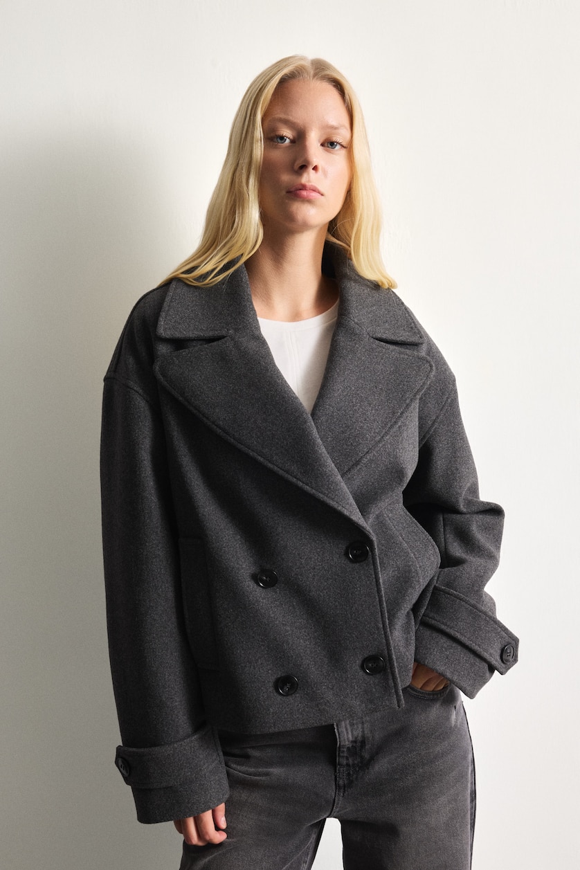 FEMME Anthracite Manteau court en drap de laine Coupe régulière