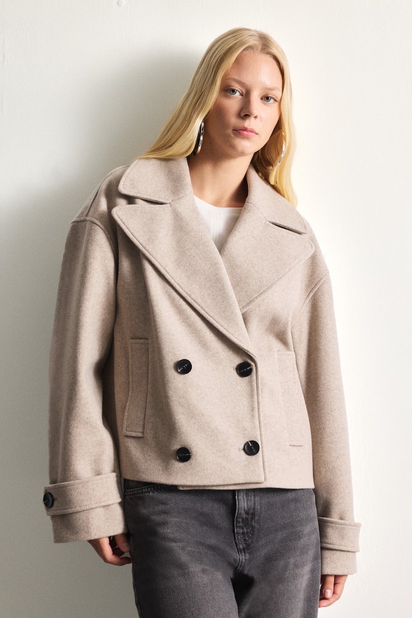 FEMME Beige Manteau court en cachemire à double boutonnage Coupe régulière