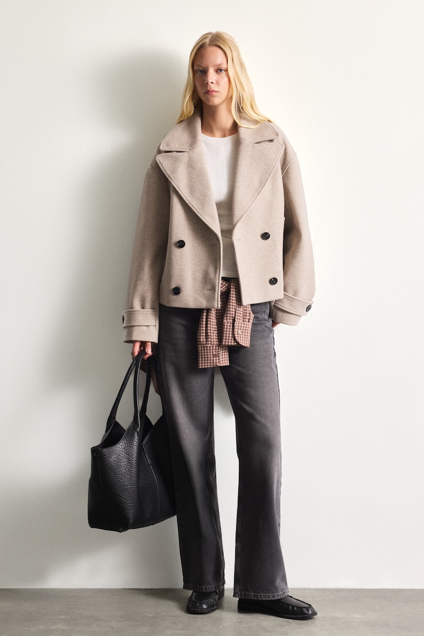 FEMME Beige Manteau court en cachemire à double boutonnage Coupe régulière