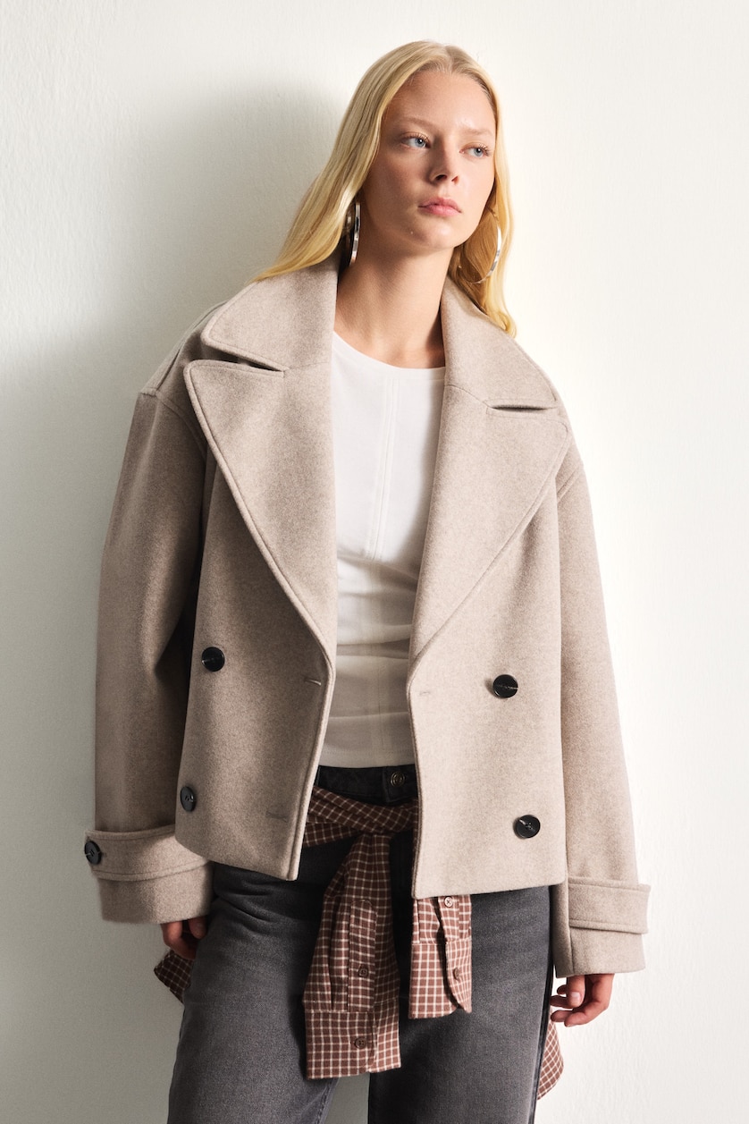 FEMME Beige Manteau court en cachemire à double boutonnage Coupe régulière