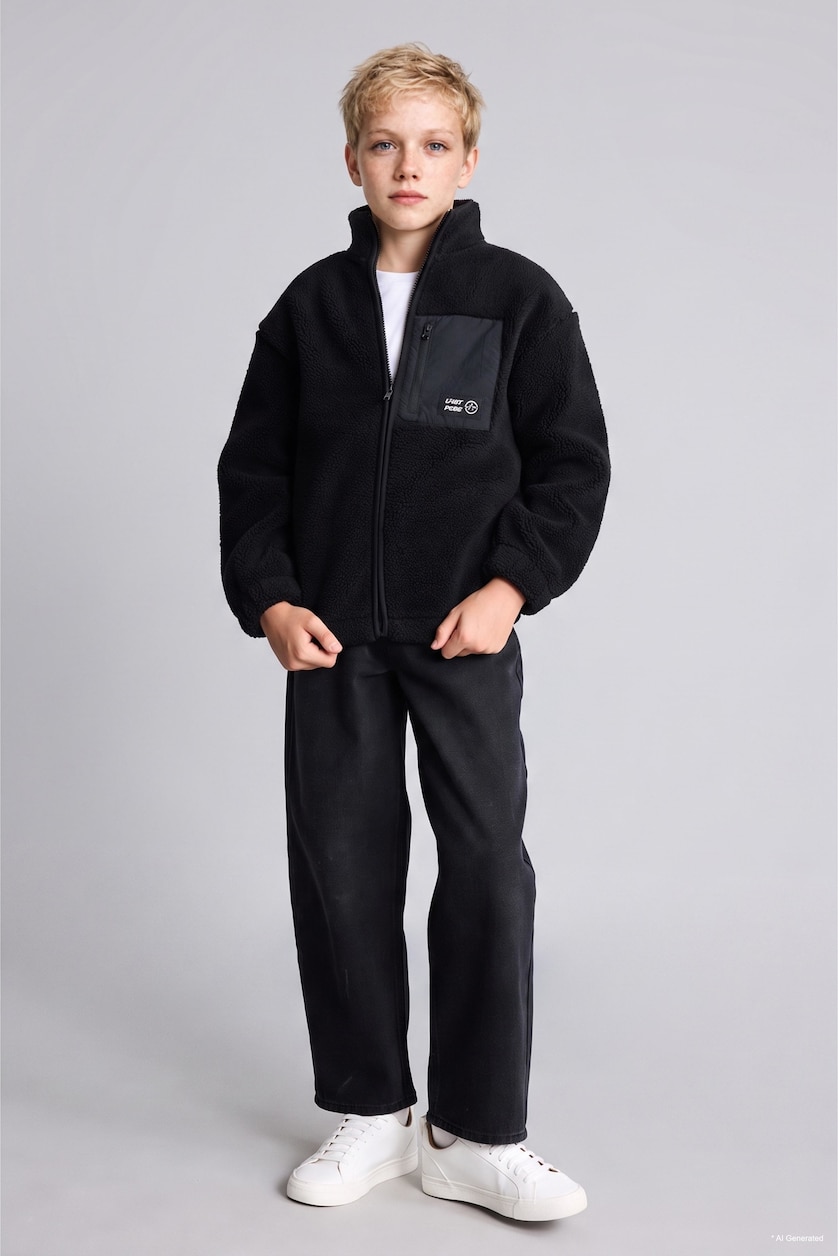 BOYS & TEENS Black Boy Zip-Up Plush Basic Cardigan