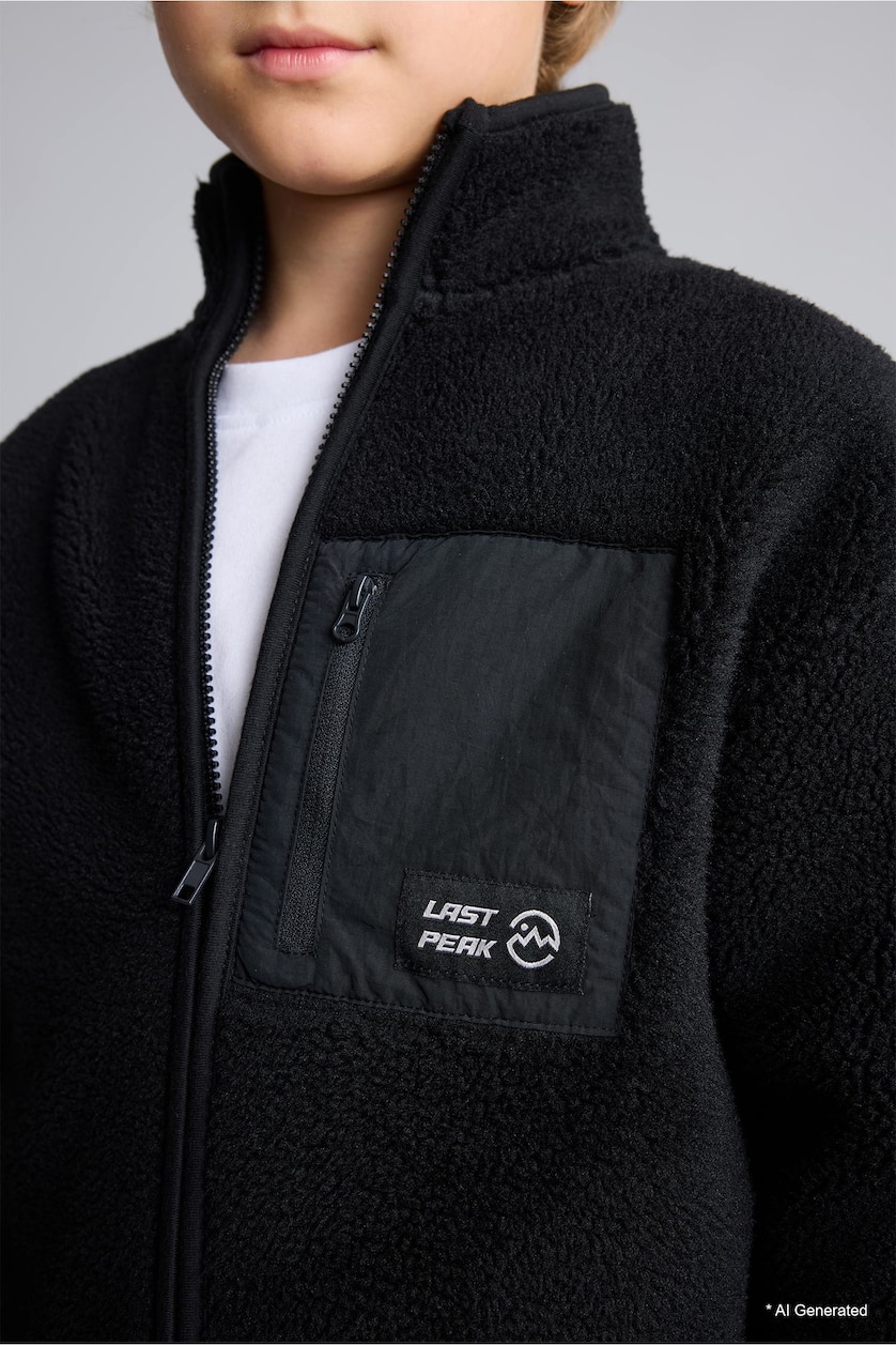 BOYS & TEENS Black Boy Zip-Up Plush Basic Cardigan