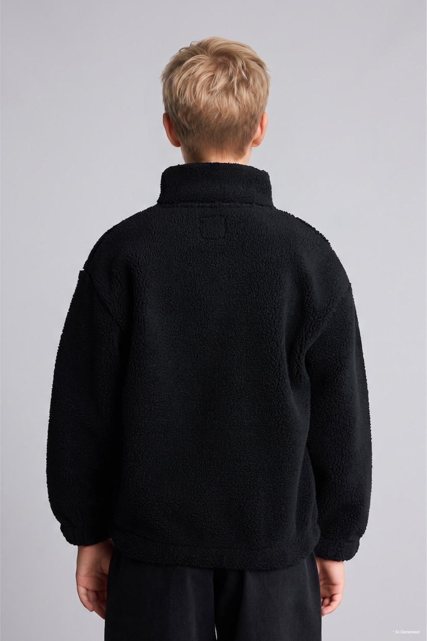BOYS & TEENS Black Boy Zip-Up Plush Basic Cardigan
