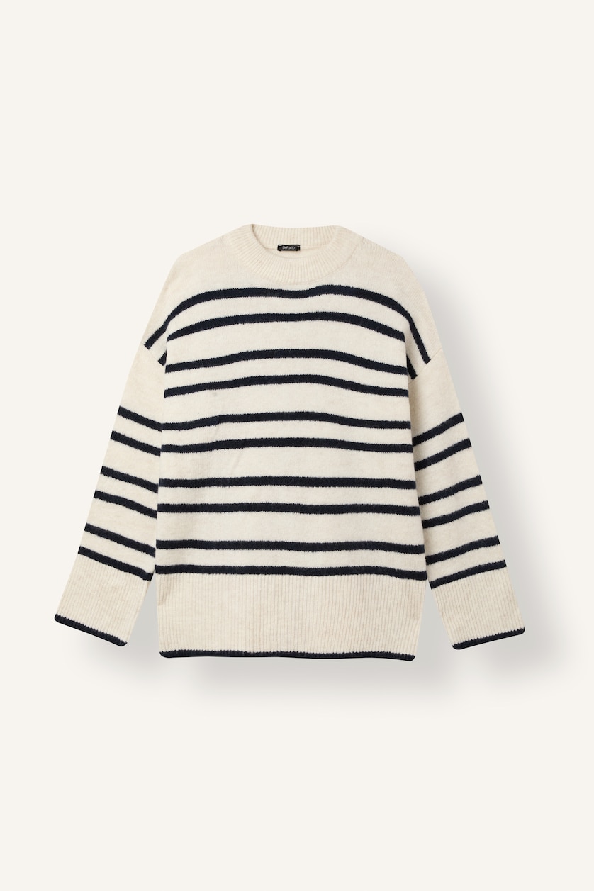 WOMAN Ecru Oversize Fit Striped Knit Pullover with Semi-High Neck and Dropped Shoulders