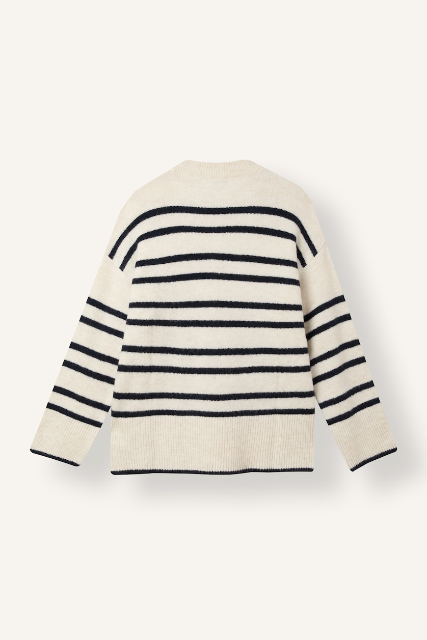 WOMAN Ecru Oversize Fit Striped Knit Pullover with Semi-High Neck and Dropped Shoulders