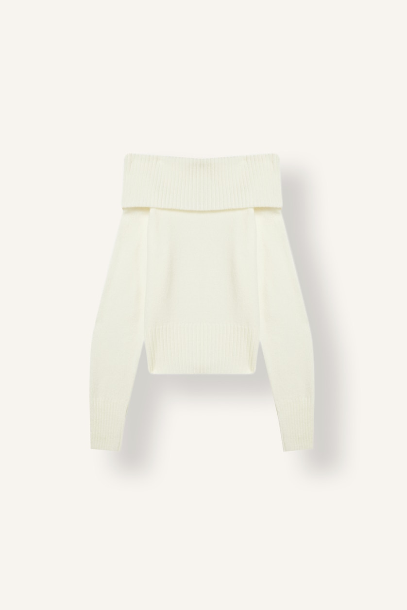 Kadın Ekru Slim Fit Açık Omuz Triko Basic Kazak