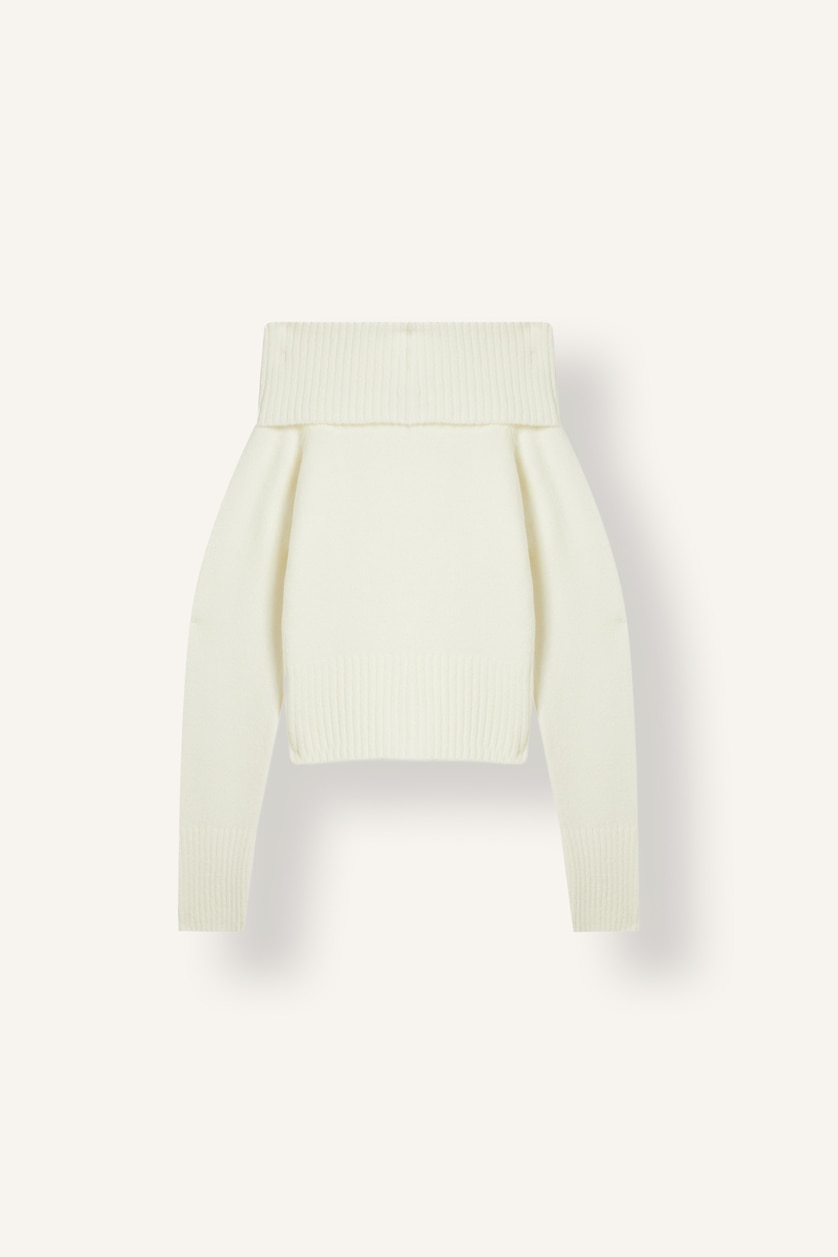 Kadın Ekru Slim Fit Açık Omuz Triko Basic Kazak