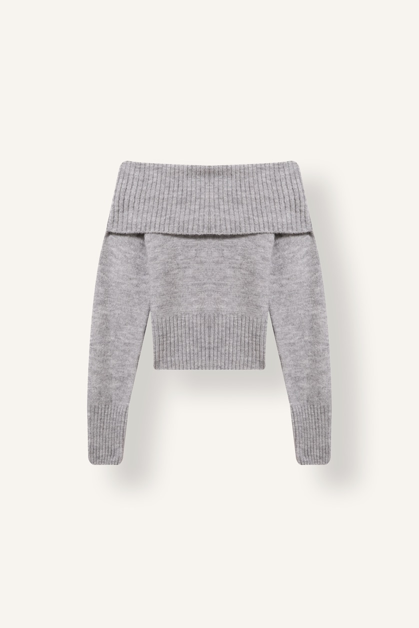 Women Grey Melange Slim Fit Off-Shoulder Pullover