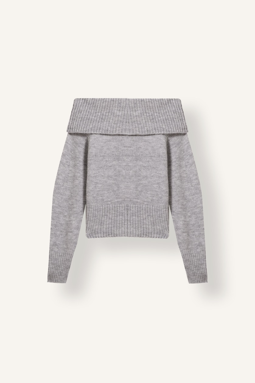 Women Grey Melange Slim Fit Off-Shoulder Pullover