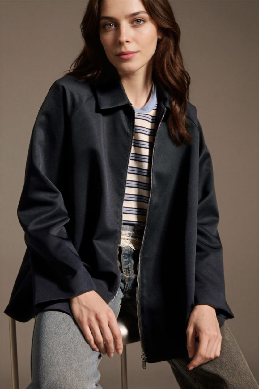 WOMAN NAVY Loose Fit Gabardine Trenchcoat