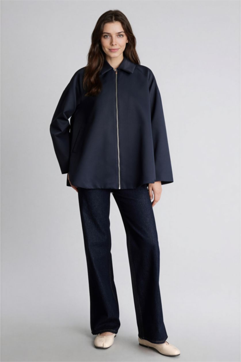 Kadın Lacivert Loose Fıt Gabardin Trençkot