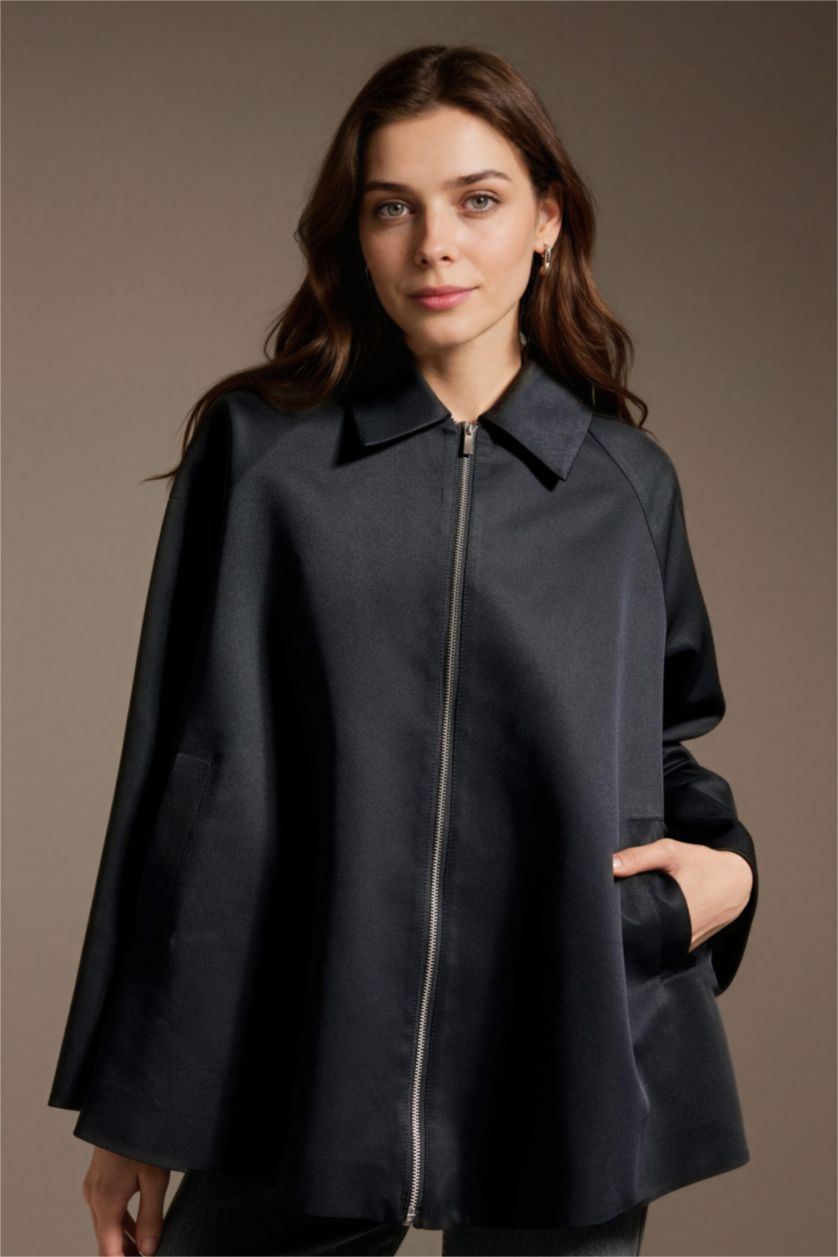 WOMAN NAVY Loose Fit Gabardine Trenchcoat