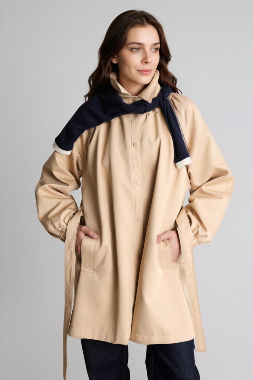 Woman Beige معطف ترانش كوت قصة عادية