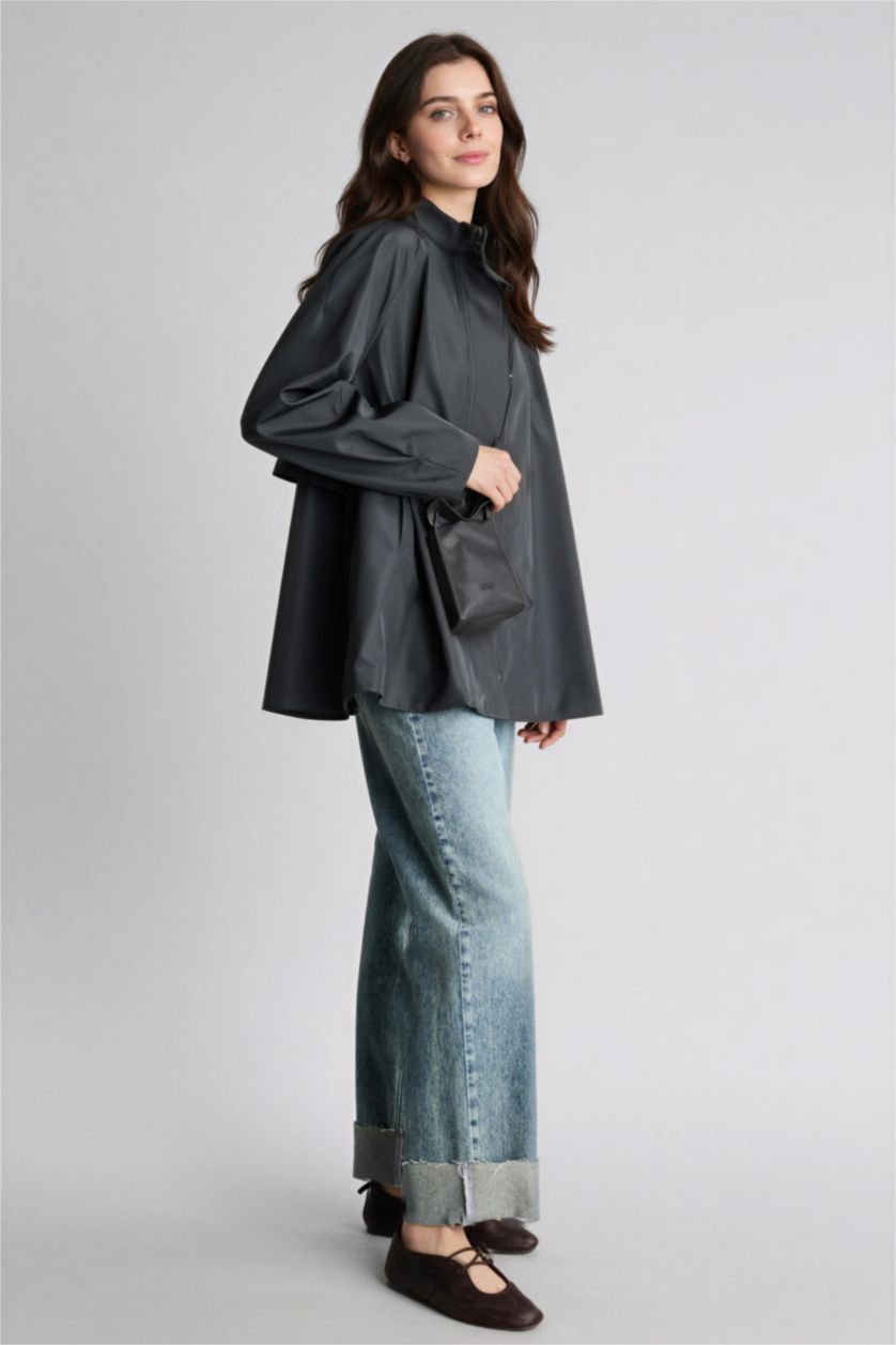 Kadın Koyu Haki Loose Fıt Paraşüt Trençkot