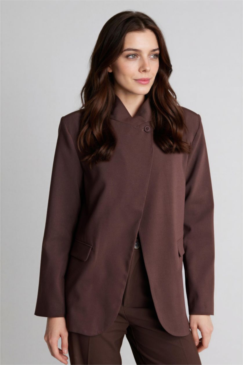 Kadın Kahve Regular Fıt Dik Yaka Blazer Ceket