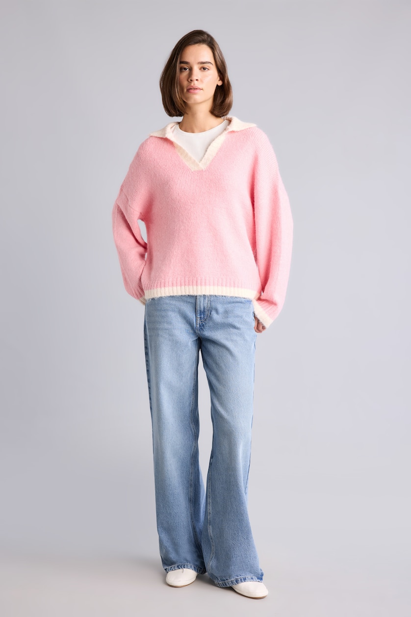 Kadın Pembe Oversize Polo Yaka Kontrast Basic Kazak