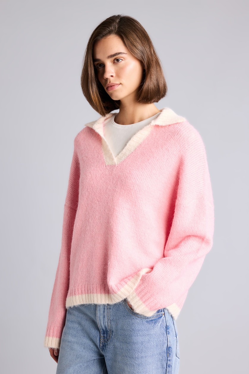 Kadın Pembe Oversize Polo Yaka Kontrast Basic Kazak
