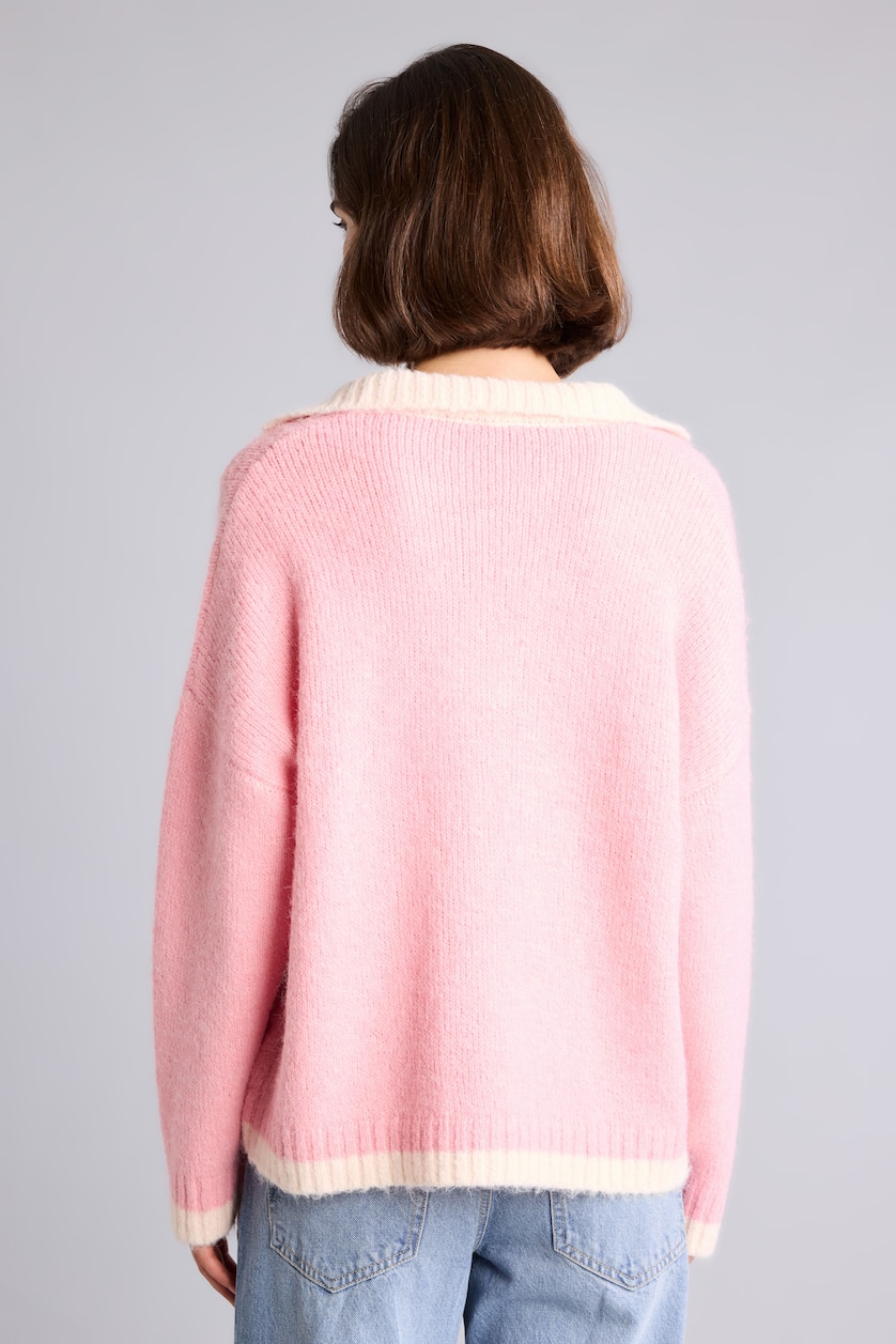 Kadın Pembe Oversize Polo Yaka Kontrast Basic Kazak