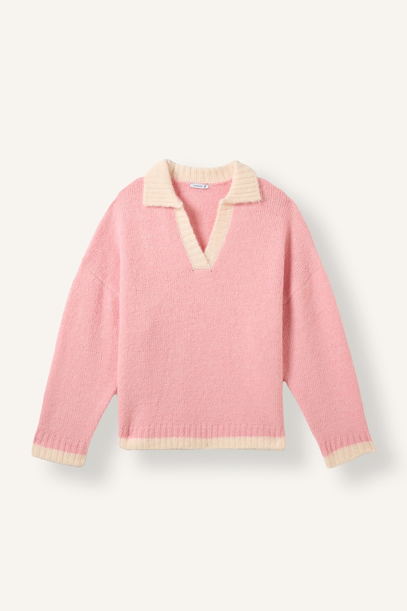 Kadın Pembe Oversize Polo Yaka Kontrast Basic Kazak