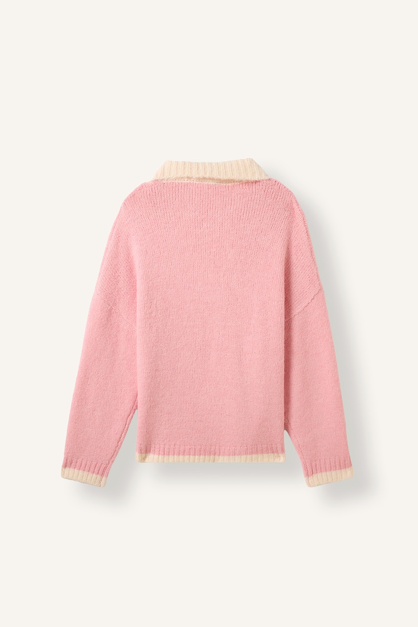 Kadın Pembe Oversize Polo Yaka Kontrast Basic Kazak