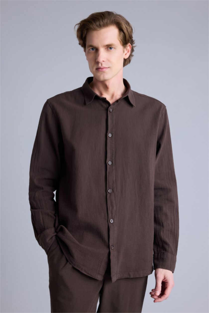 Erkek Açık Kahve Regular Fıt Gömlek Yaka Uzun Kollu Gömlek