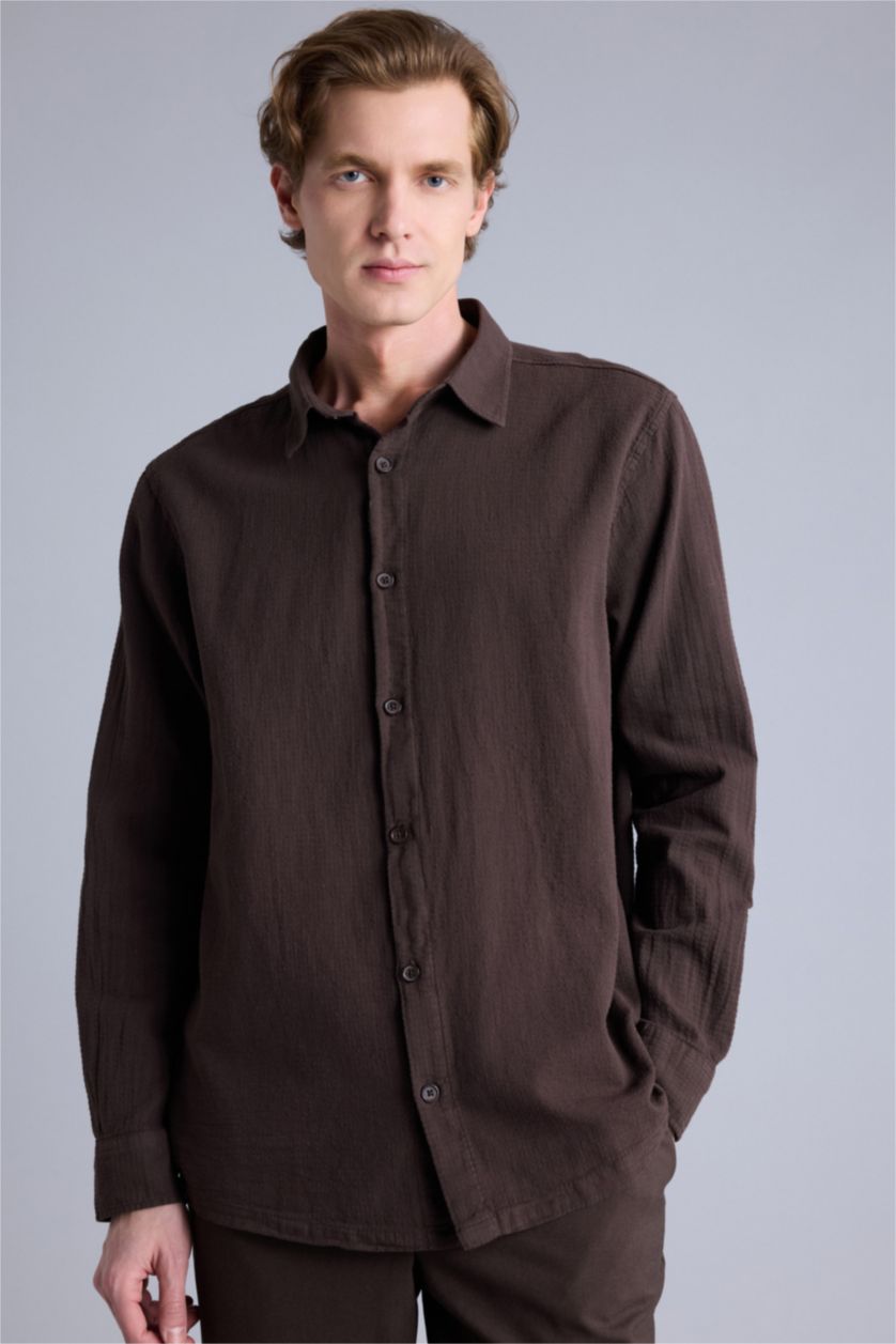 Erkek Açık Kahve Regular Fıt Gömlek Yaka Uzun Kollu Gömlek
