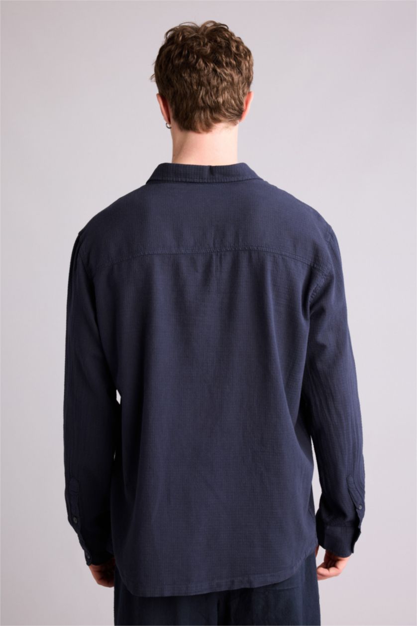 Erkek Lacivert %100 Pamuk Uzun Kollu Gömlek