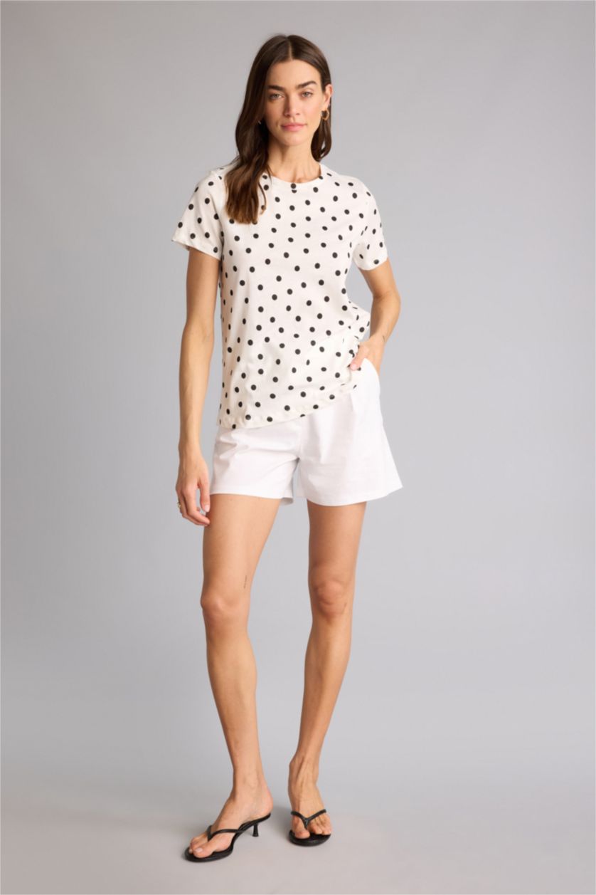 Kadın Ekru Puantiyeli Penye Kısa Kollu Tişört