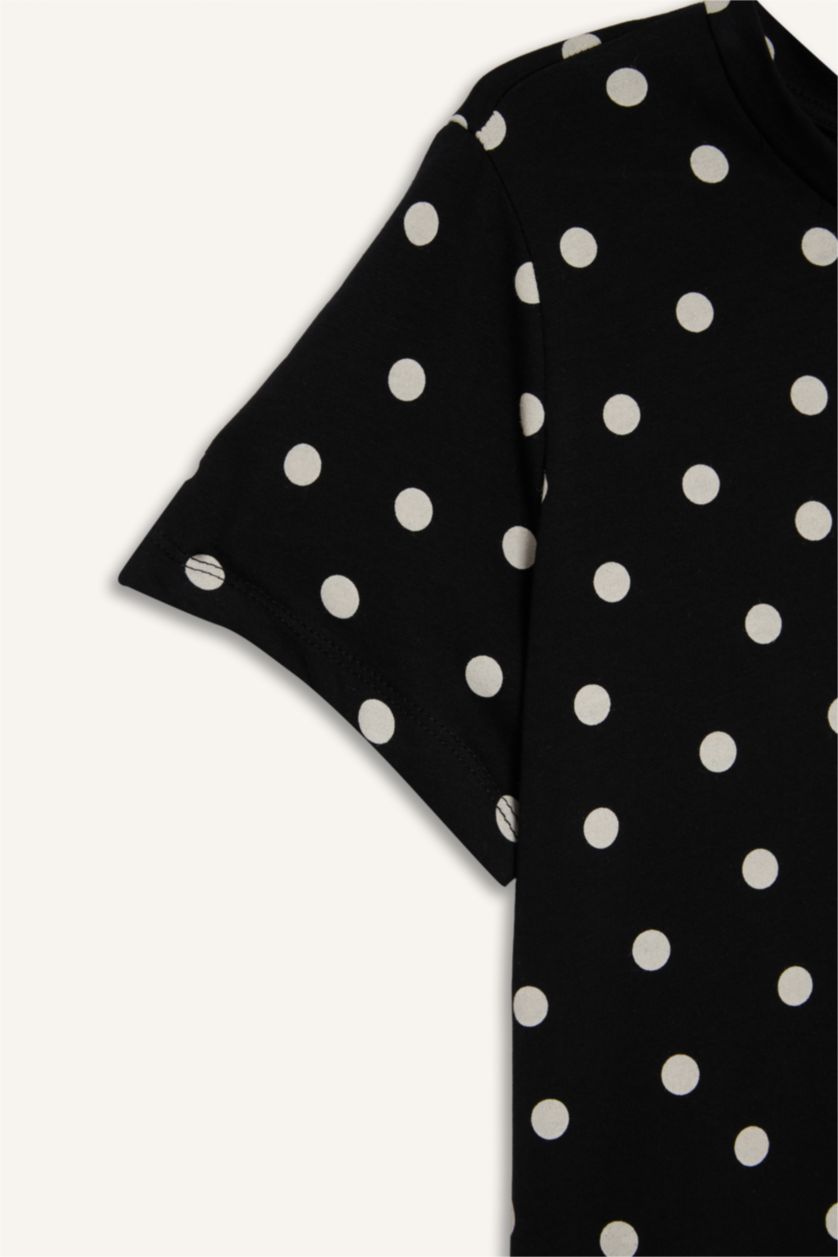 Kadın Siyah Anneler Günü Regular Fıt Bisiklet Yaka Puantiye Penye Kısa Kollu Tişört