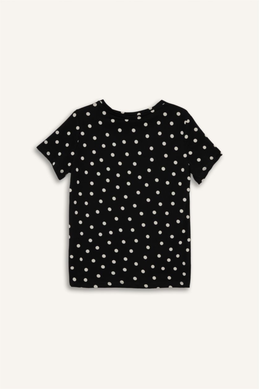 Kadın Siyah Anneler Günü Regular Fıt Bisiklet Yaka Puantiye Penye Kısa Kollu Tişört