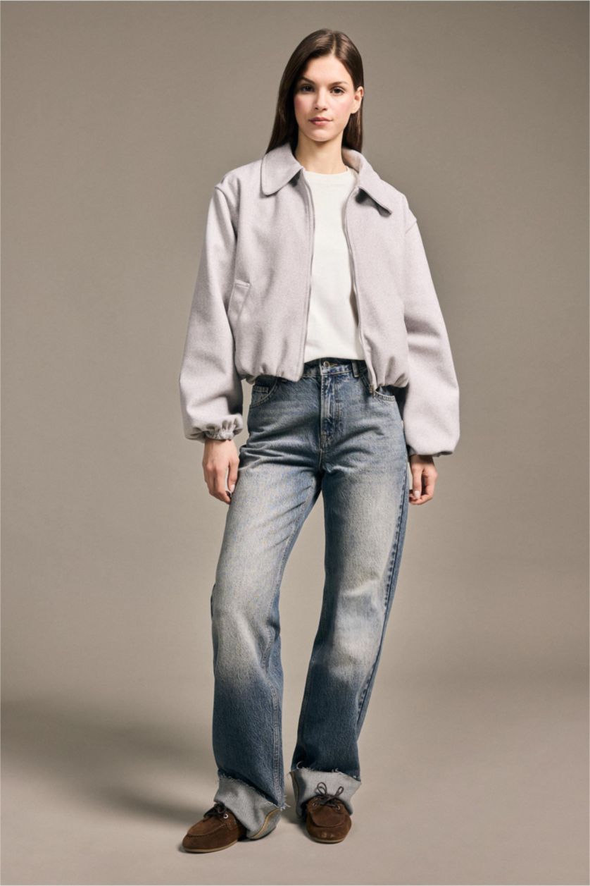 Kadın Açık Gri Kısa Fermuarlı Mont