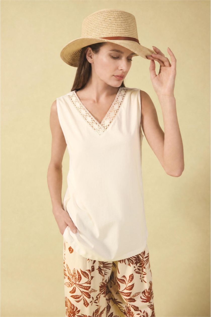 WOMAN Ecru Relax Fit V-Neck Short Sleeve Tank Top