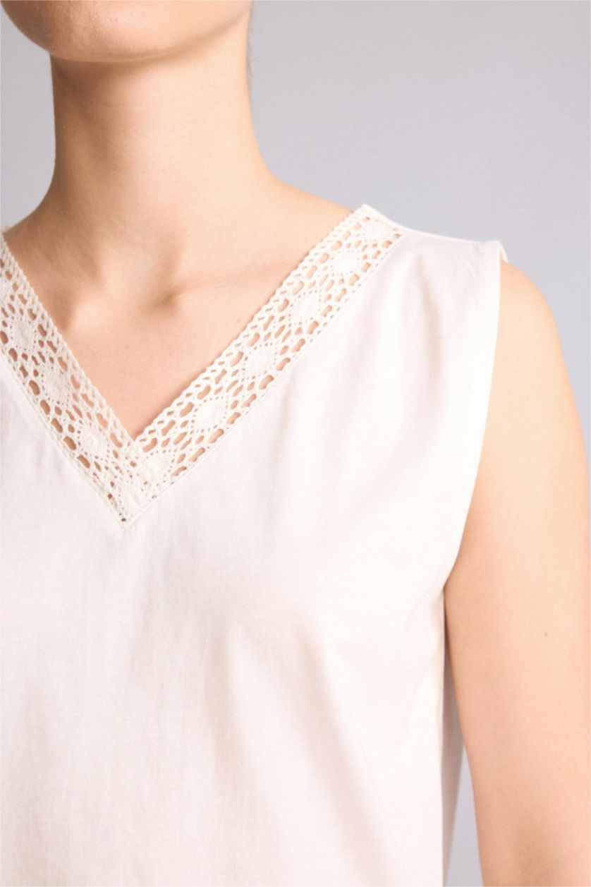 WOMAN Ecru Relax Fit V-Neck Short Sleeve Tank Top