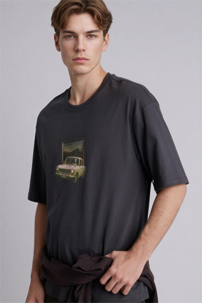 Man Anthracite Leonardo da Vinci Boxy Fit Slogan Print T-Shirt