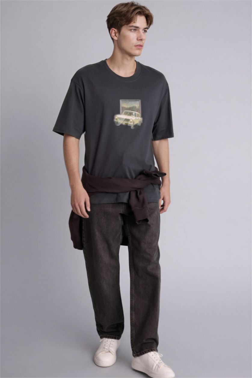 Erkek Antrasit Leonardo da Vıncı Boxy Fıt Slogan Desenli Kısa Kollu Tişört