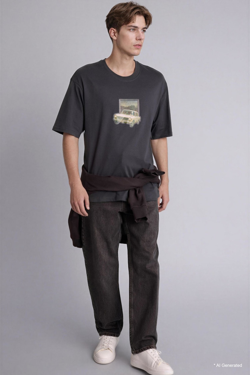 Man Anthracite Leonardo da Vinci Boxy Fit Slogan Print T-Shirt