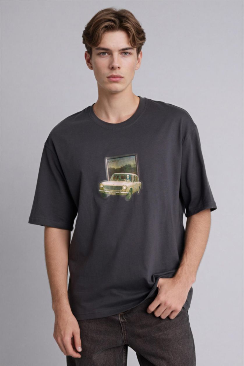 Man Anthracite Leonardo da Vinci Boxy Fit Slogan Print T-Shirt