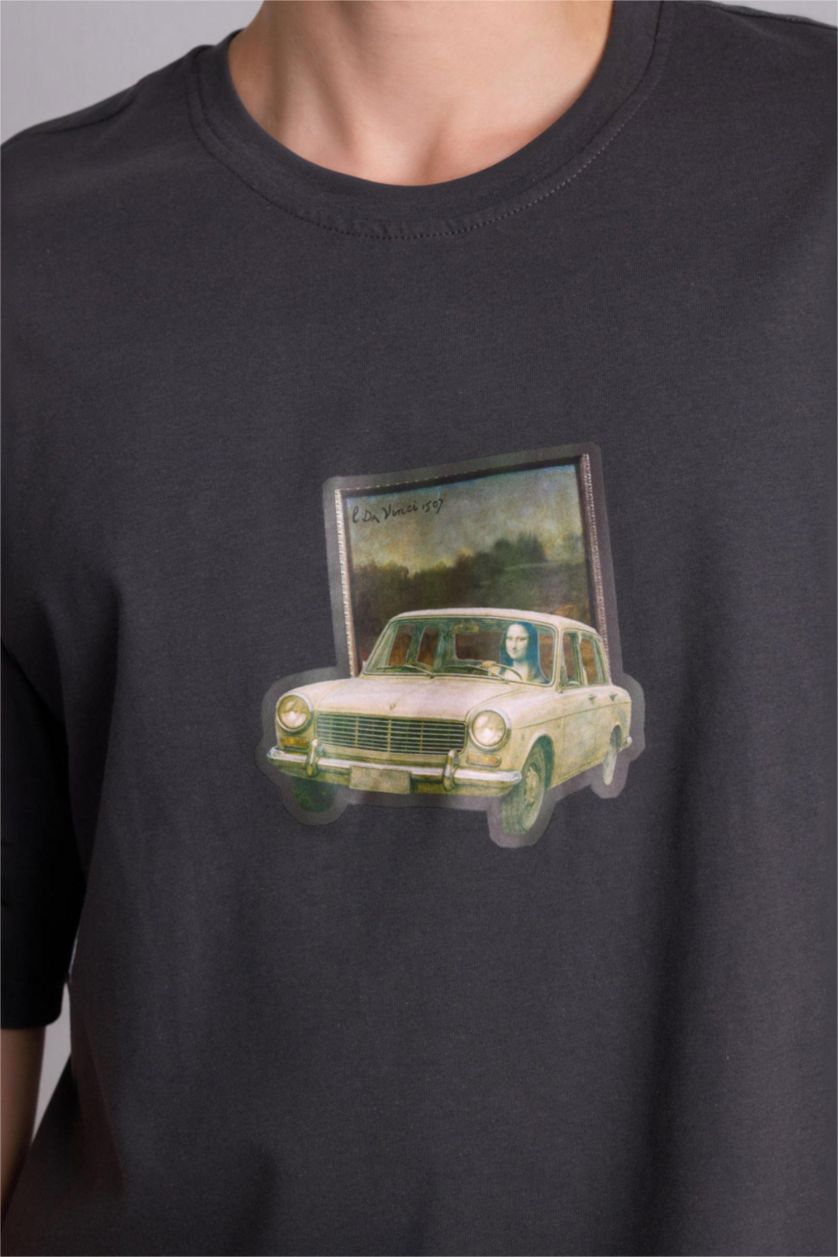 Man Anthracite Leonardo da Vinci Boxy Fit Slogan Print T-Shirt