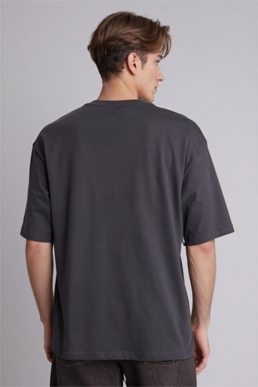 Erkek Antrasit Leonardo da Vıncı Boxy Fıt Slogan Desenli Kısa Kollu Tişört