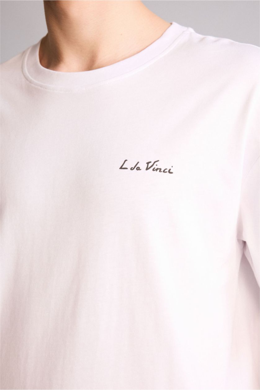 Erkek Beyaz Leonardo da Vıncı Boxy Fıt Slogan Desenli Tişört
