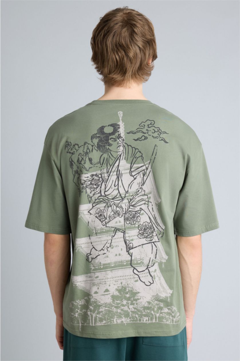 Erkek Haki Boxy Fıt Baskılı Kısa Kollu Tişört