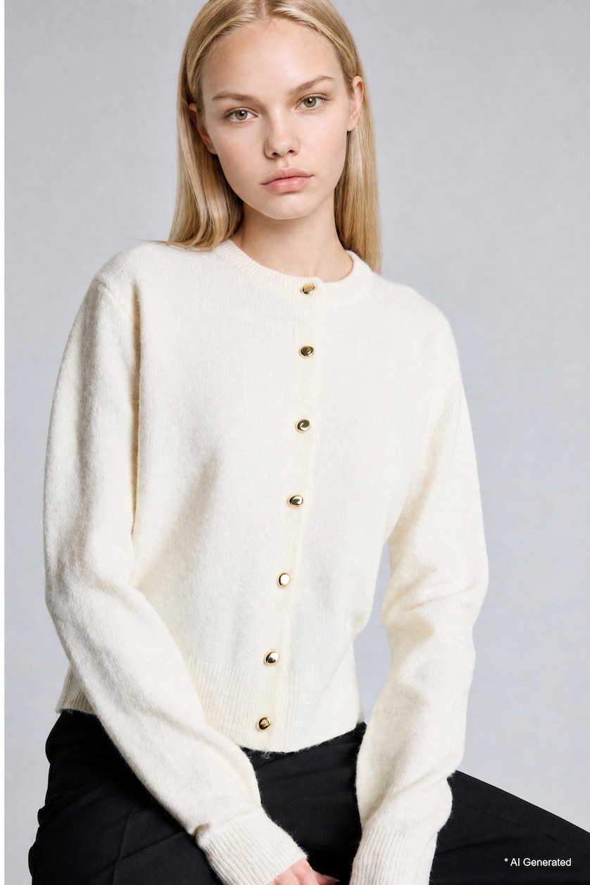 WOMAN Ecru Regular Fit Crew Neck Cardigan