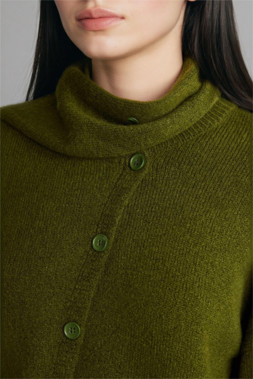 Woman Khaki Regular Fit Crew Neck Knitwear Cardigan