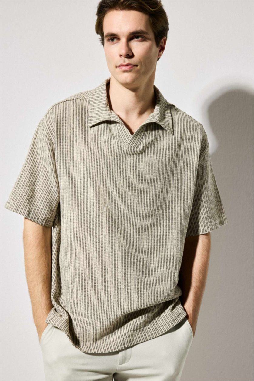 رجال اللون الحجري Relax Fit Cotton Short Sleeve Shirt