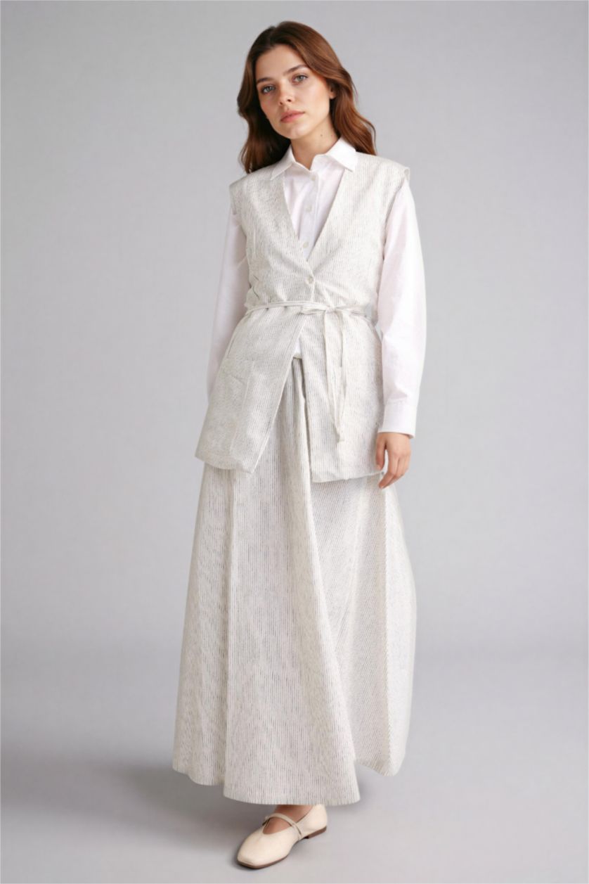 Kadın Beyaz A Kesim Çizgili Keten Etek