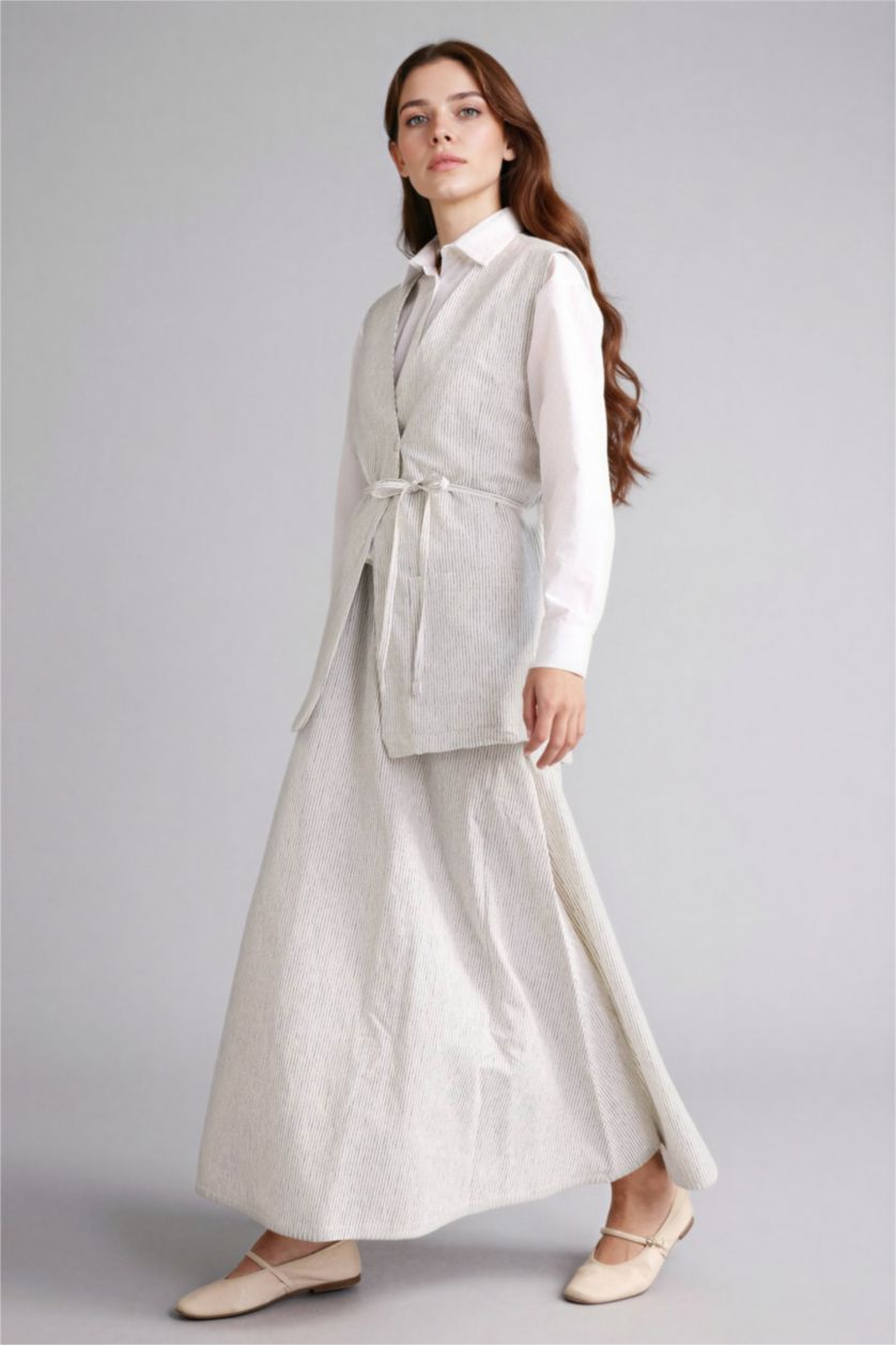 Kadın Beyaz A Kesim Çizgili Keten Etek