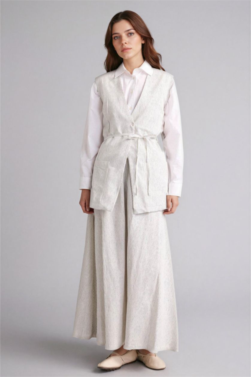 Kadın Beyaz A Kesim Çizgili Keten Etek