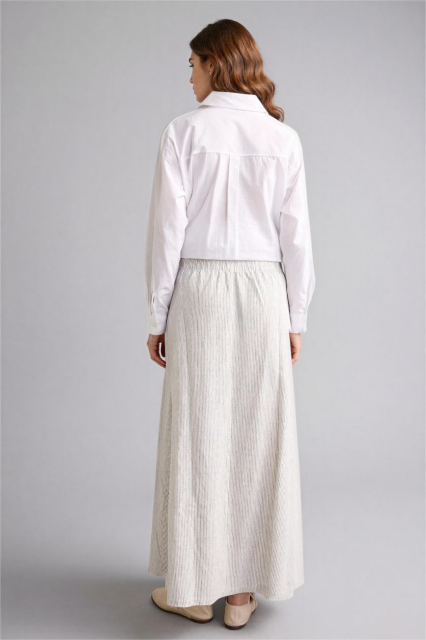 Kadın Beyaz A Kesim Çizgili Keten Etek