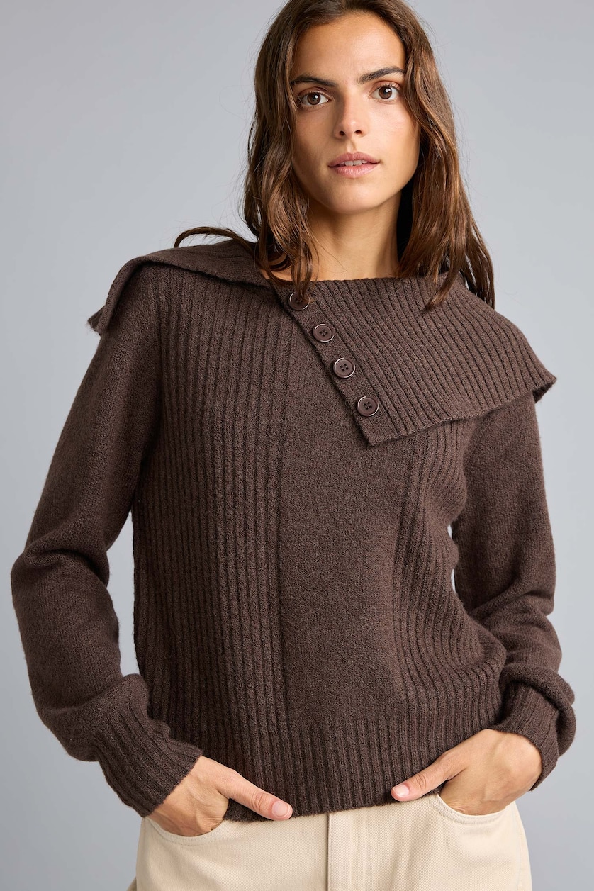 FEMME Marron Pull en mélange de laine à col châle Coupe régulière
